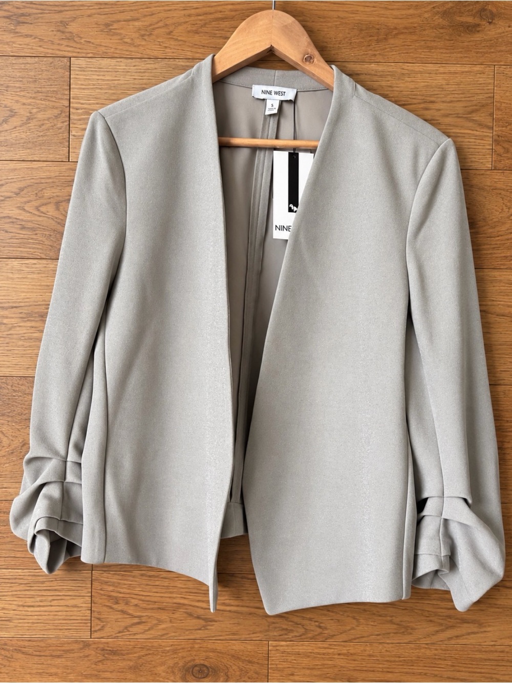 Nine West NWT Ruched Sleeve Open Front Blazer Jacket Silver Gray XL Workwear